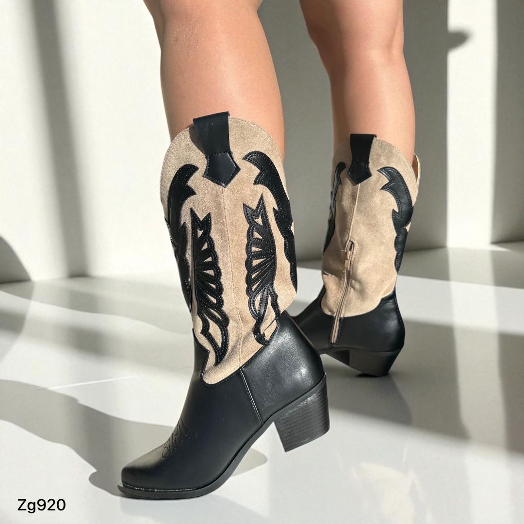 Bota texana negro y beige tacon 5cm A9989 C-20